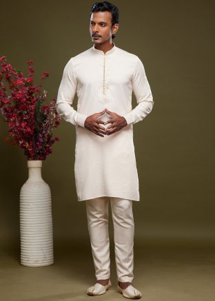 Cream Mens Kurta Pajama In Art Silk