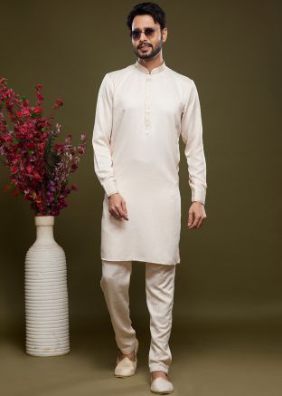Cream Mens Kurta Pajama In Art Silk
