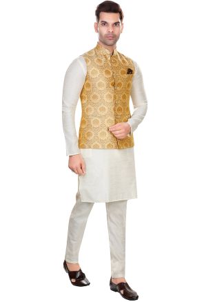 Beige Woven Readymade Nehru Jacket