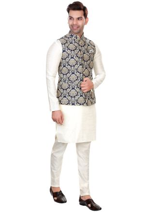 Navy Blue Mens Woven Nehru Jacket