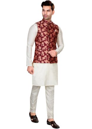 Readymade Maroon Mens Woven Nehru Jacket