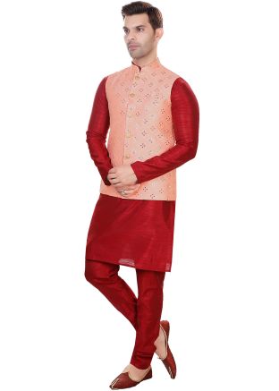 Peach Silk Embroidered Nehru Jacket