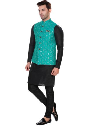 Turquoise Embroidered Silk Nehru Jacket