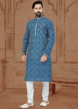 Blue Printed Kurta Pajama In Dupion Silk