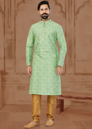 Green Printed Mens Kurta Pajama In Dupion Silk