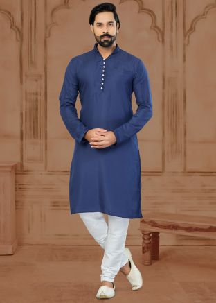 Blue Art Silk Kurta Pajama In Woven Work
