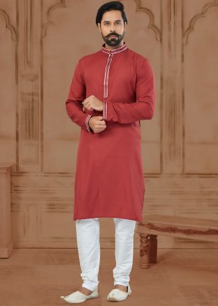 Red Woven Kurta Pajama In Art Silk