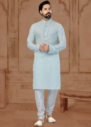 Blue Woven Mens Kurta Pajama In Art Silk