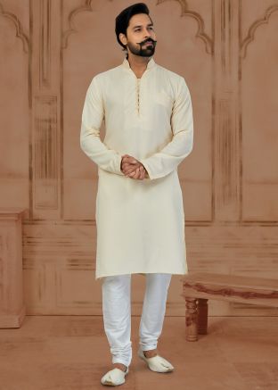 Cream Mens Kurta Pajama In Art Silk