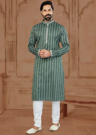 Green Printed Mens Kurta Pajama In Cotton