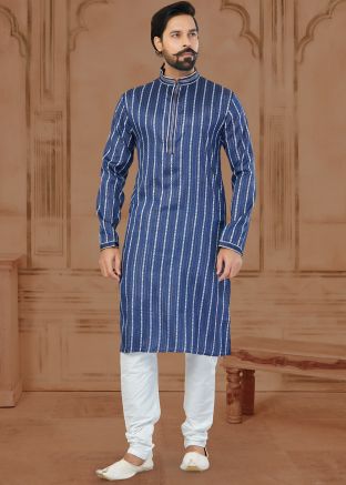 Blue Cotton Mens Kurta Pajama In Print