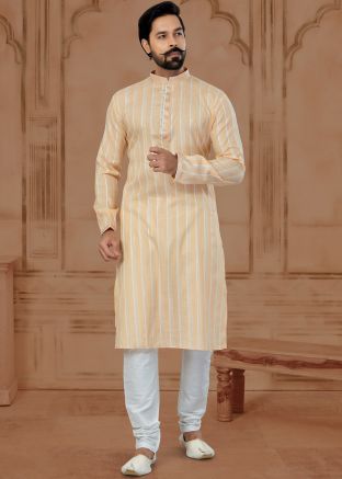 Cream Printed Kurta Pajama In Cotton