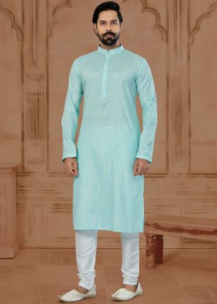 Blue Cotton Mens Kurta Pajama