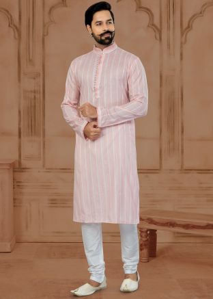Pink Cotton Kurta Pajama In Print
