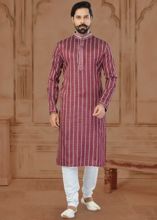 Magenta Cotton Kurta Pajama In Print