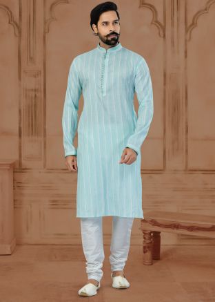 Blue Printed Mens Kurta Pajama In Cotton