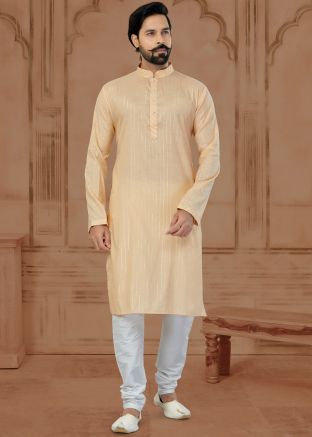 Cream Printed Mens Kurta Pajama In Cotton