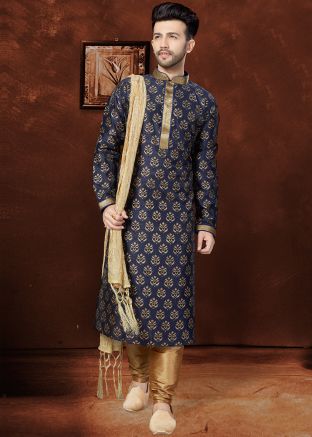 Blue Woven Mens Kurta In Art Silk