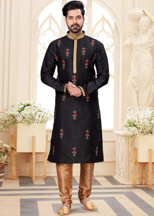 Black Embroidered Mens Kurta In Dupion Silk