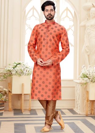 Peach Printed Kurta In Dupion Silk