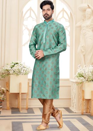 Blue Printed Mens Kurta In Dupion Silk