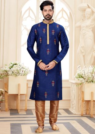 Blue Embroidered Mens Kurta In Dupion Silk