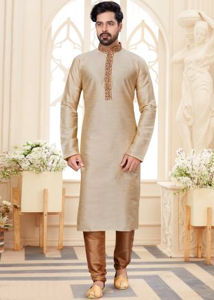 Beige Dupion Silk Kurta In Embroidery