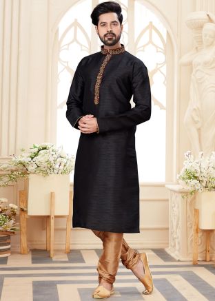 Black Embroidered Mens Kurta In Dupion Silk