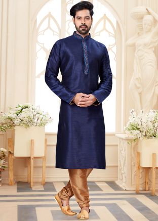 Blue Dupion Silk Kurta In Embroidery