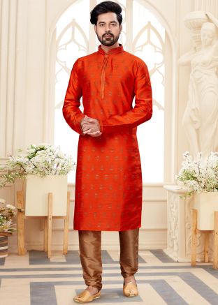 Orange Woven Kurta In Dupion Silk