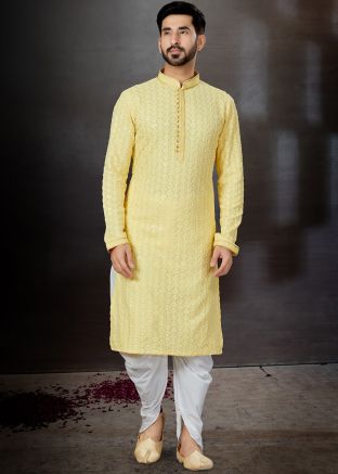 Yellow Embroidered Kurta In Rayon