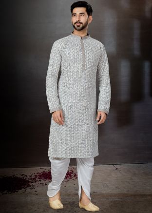Grey Embroidered Kurta In Rayon