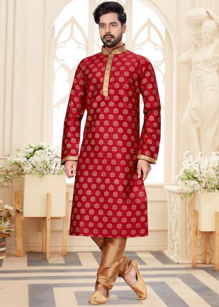 Red Dupion Silk Kurta In Woven Work