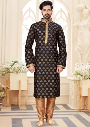 Black Woven Kurta In Dupion Silk