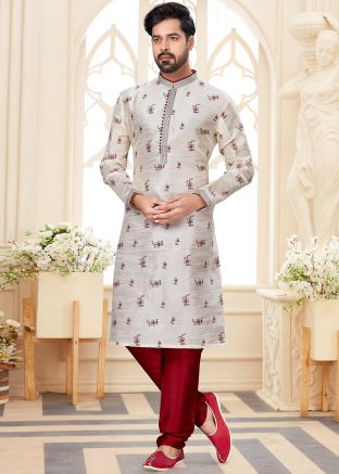 Off-White Printed  Kurta In Dupion Silk