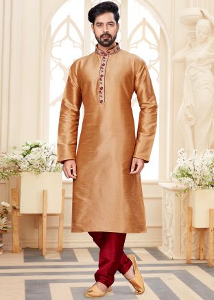 Brown Embroidered Mens Kurta In Dupion Silk