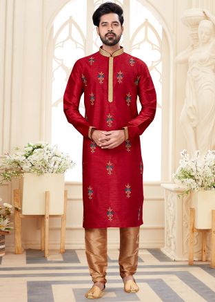 Red Dupion Silk Kurta In Embroidery