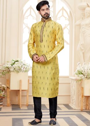 Yellow Printed Kurta In Dupion Silk