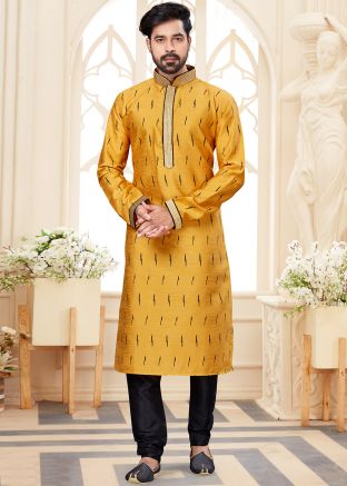 Yellow Printed Kurta In Dupion Silk