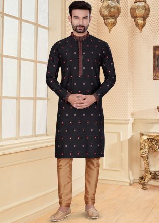 Black Embroidered Mens Kurta In Art Silk