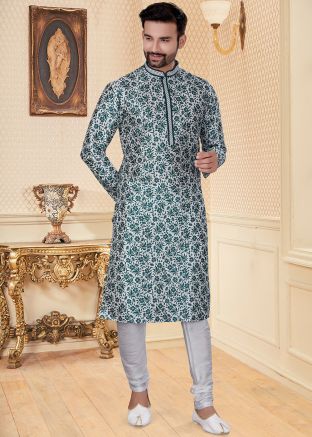 Green Printed Mens Kurta In Art Silk