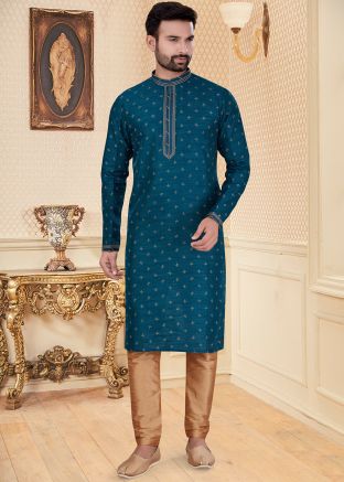 Blue Printed Mens Kurta In Art Silk