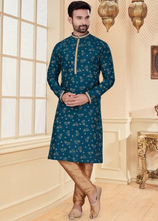 Blue Printed Mens Kurta In Jacquard