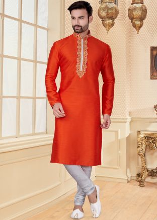 Orange Embroidered Mens Kurta In Dupion Silk