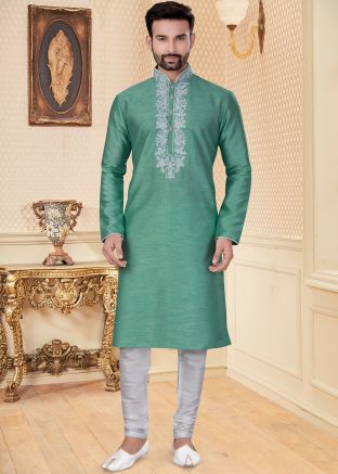 Green Embroidered Kurta In Dupion Silk