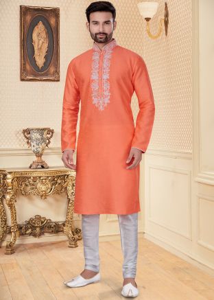 Orange Embrodiered Mens Kurta In Dupion Silk