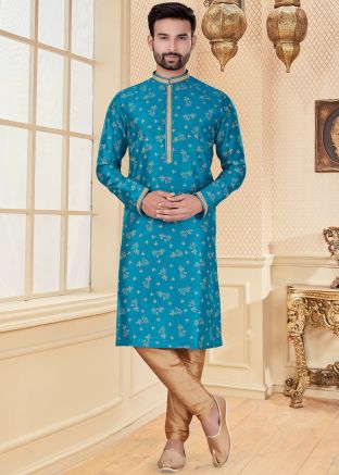 Blue Printed Mens Kurta In Art Silk