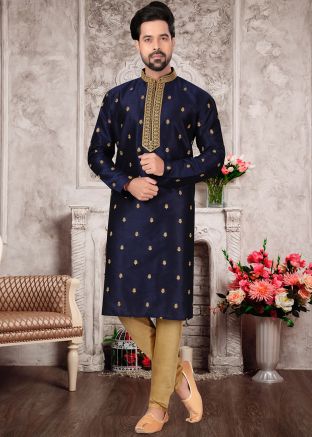 Blue Embroidered Mens Kurta In Dupion Silk