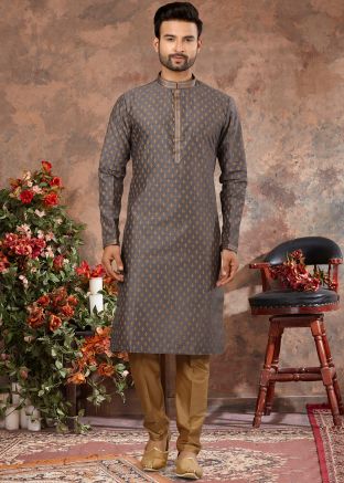 Grey Printed Mens Kurta In Art Silk