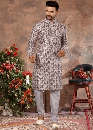 Off-White Printed  Kurta In Art Silk